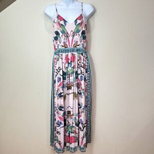 H&M Pink Pleated Jungle Print Midi Dress 6 Strappy Lace Up Back Tropical Animals